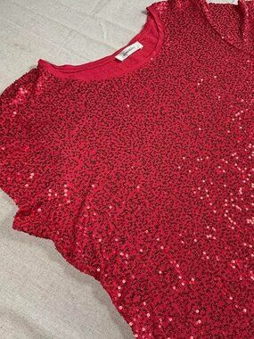 Womens DressBarn Red Sequin Holiday Party Sparkle Top Blouse (XLarge)
